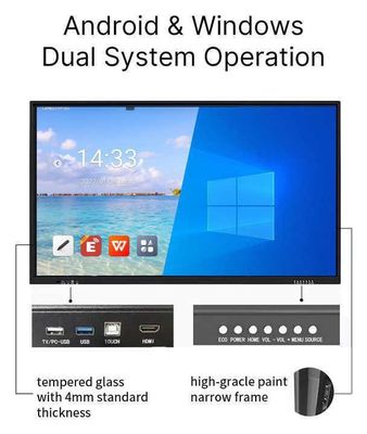 Yüksek Kaliteli Etkileşimli Dokunmatik Ekran Beyaz Tahta Gösterim Taşı 55 Inch Android 13.0 Sistem Sürümü